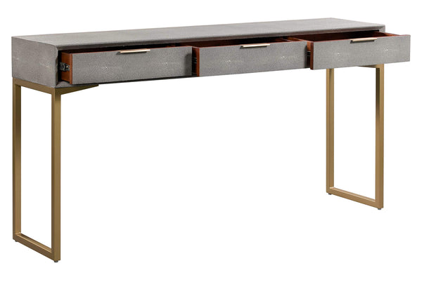 Shagreen Console Table with Brass Legs & 3 Drawers