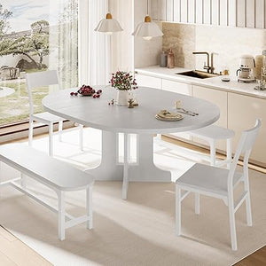 5-Piece Extendable Round Dining Table Set with Chairs and Benches
