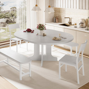 5-Piece Extendable Round Dining Table Set with Chairs and Benches