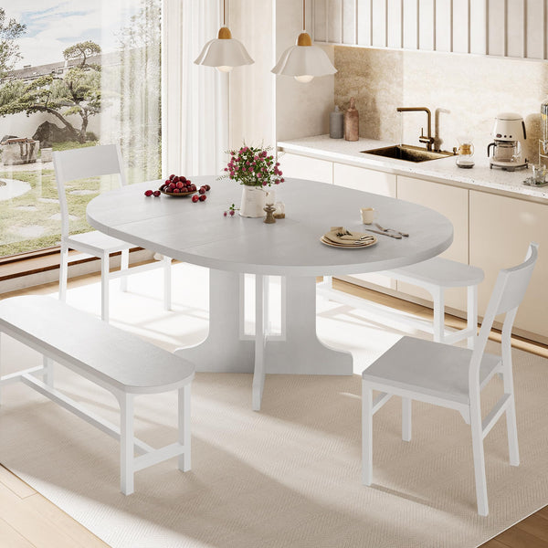 5-Piece Extendable Round Dining Table Set with Chairs and Benches