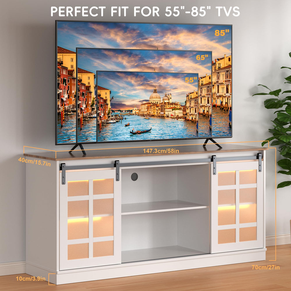 Farmhouse TV Stand with Sliding Glass Doors & LED Lights, 65"