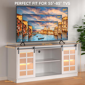 Farmhouse TV Stand with Sliding Glass Doors & LED Lights, 65"