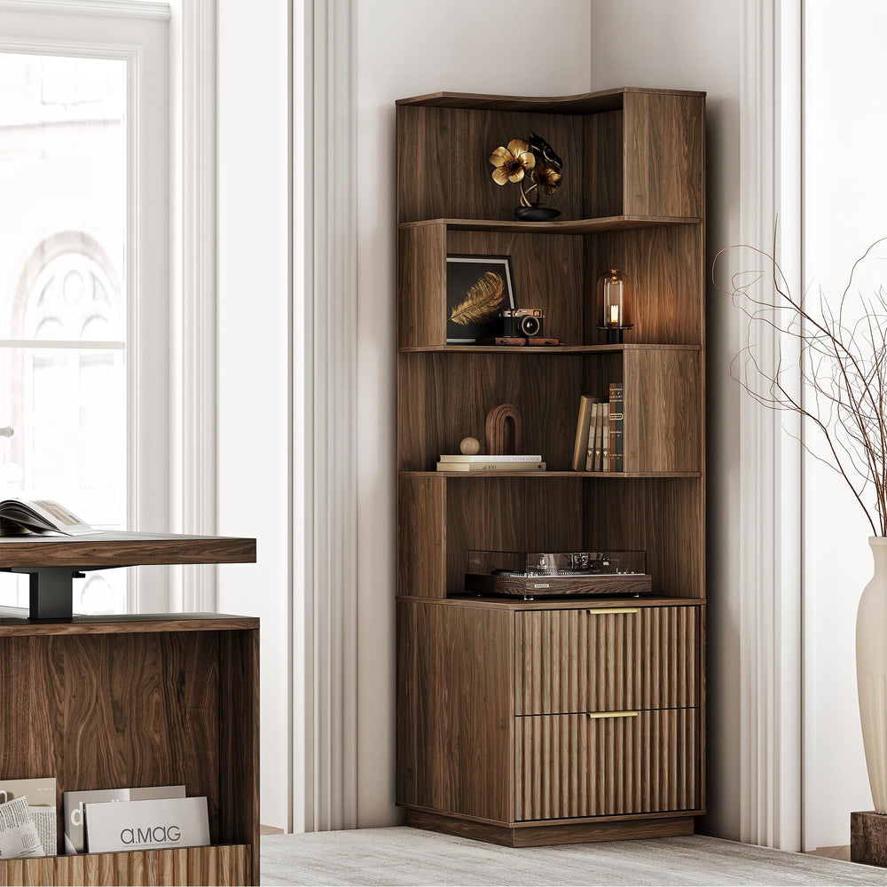 L-Shaped Corner Bookshelf with Drawers, 4-Tier, 71" Tall
