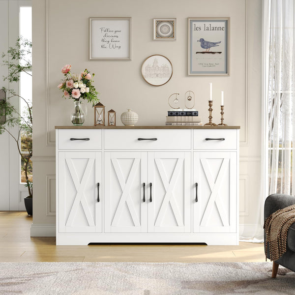 55" Farmhouse Buffet Cabinet with Drawers, Doors & Shelves