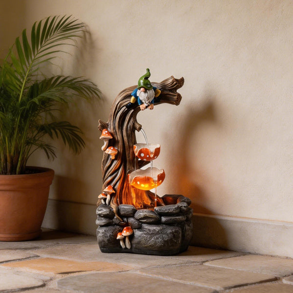 Gnome Outdoor Water Fountain with LED & Cascading Mushroom Waterfall