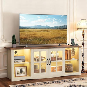 Farmhouse LED TV Stand with Power Outlet & LED Lighting