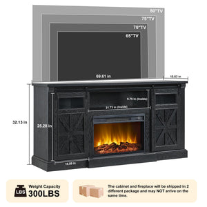 70" Fireplace TV Stand with LED Lights & Sliding Barn Door