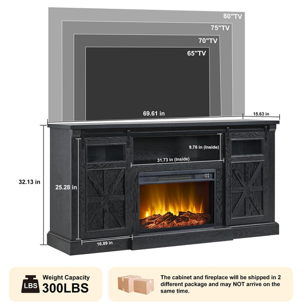 70" Fireplace TV Stand with LED Lights & Sliding Barn Door