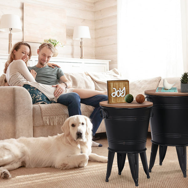Farmhouse Metal Bucket Side Tables, Set of 2