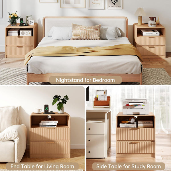 Fluted Nightstand Set of 2 with Charging Station