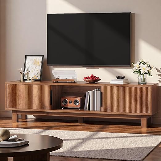 Fluted TV Stand with Power Outlets & Adjustable Shelves for 55–65 Inch TVs