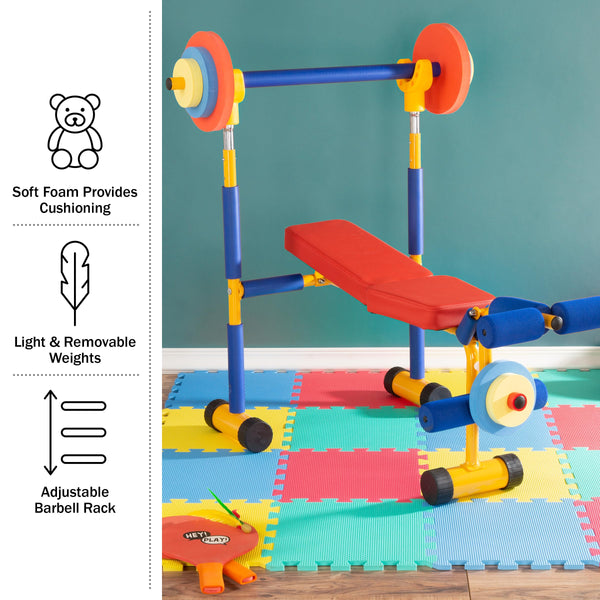 Kids Weight Bench Set & Exercise Bike – Toddler Gym with Leg Press & Barbell