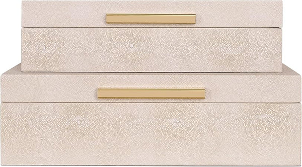Ivory Shagreen Decorative Boxes Set of 3 with Gold Handles & Velvet Lining