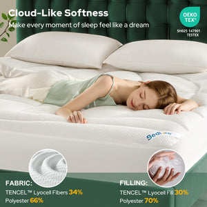 TENCEL Lyocell Blend Pillow Top Mattress Topper – Cooling, Deep Pocket, Machine Washable