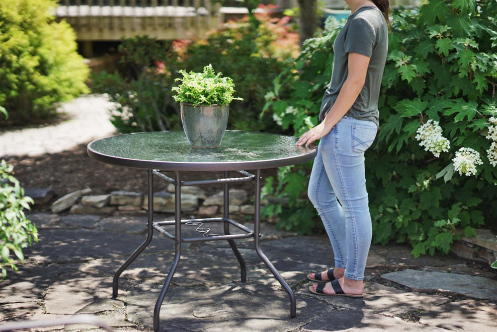 Round Outdoor Patio Dining Table – Steel Frame & Glass Top