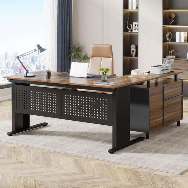 L-Shaped Executive Desk with File Cabinet & Storage Shelves