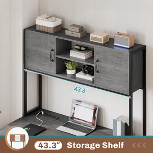 L-Shaped Gaming & Office Desk with LED Lights, Power Outlet, Hutch & Fabric Drawers