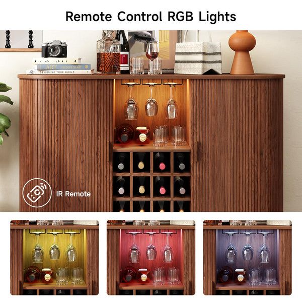 55" Wine Bar Cabinet with LED Light, Wine Rack & Glass Holder