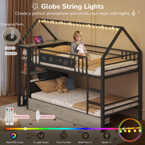 Twin Over Twin Low Bunk Bed with Storage Drawers & House Design