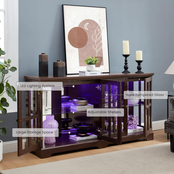 4-Door LED Glass Curio Cabinet with Adjustable Shelves