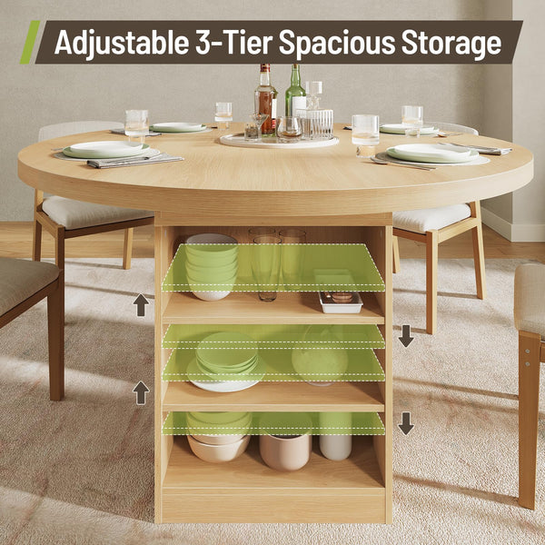 Extendable Dining Table with 3-Tier Storage Shelves & Pedestal Base