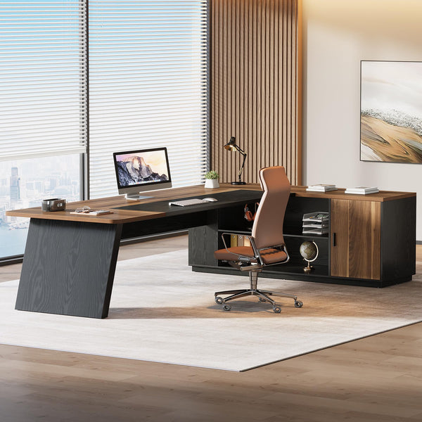 L-Shaped Executive Desk with Cabinet and Storage Shelves