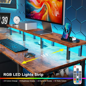 Gaming & Home Office Computer Desk with Power Outlets, LED Lights & Monitor Stand