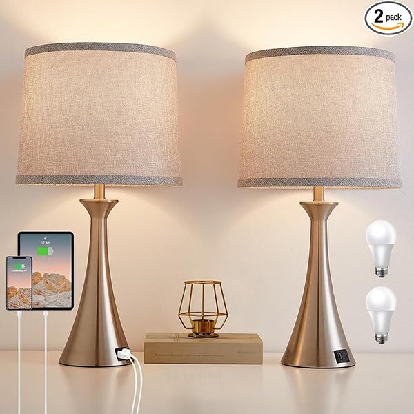 Touch Table Lamps Set of 2 – 21", USB C+A Ports, 3-Way Dimmable