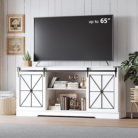 Farmhouse TV Stand with Sliding Barn Doors & Storage Cabinets
