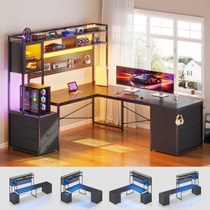 L-Shaped Gaming Desk with Drawers, LED Lights & Power Outlet