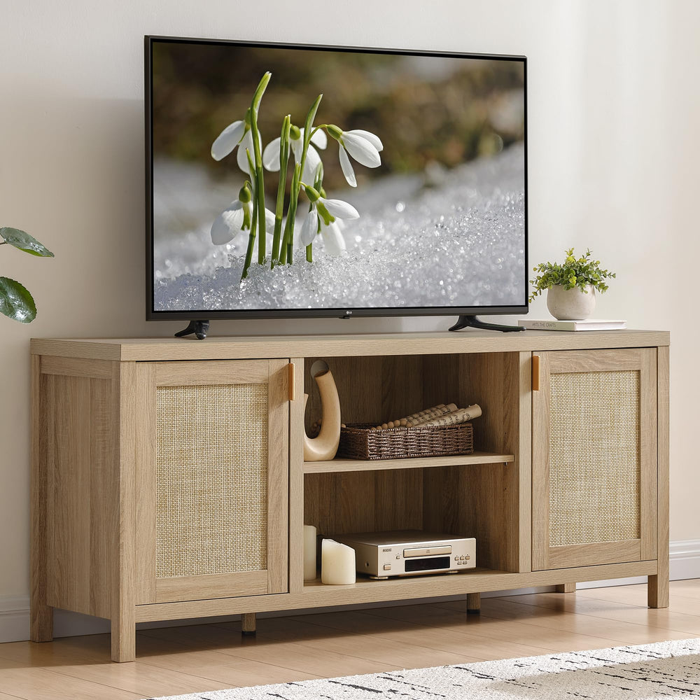 Rattan TV Stand with Storage Cabinets & Adjustable Shelves