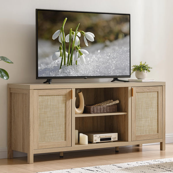 Rattan TV Stand with Storage Cabinets & Adjustable Shelves