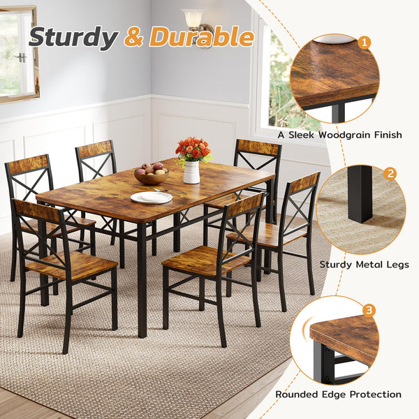 7-Piece Dining Table Set with 6 X-Back Chairs – Modern Farmhouse Kitchen Dining Set