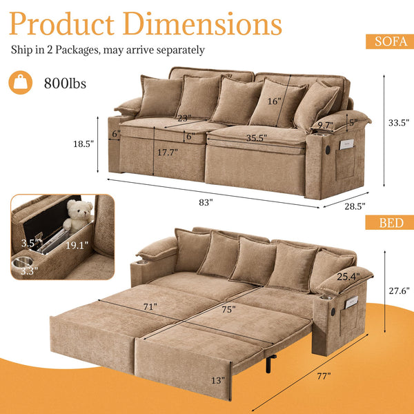 King Size Pull-Out Sofa Bed – 4-in-1 Convertible Sleeper with USB Ports & Storage