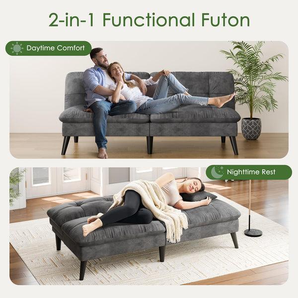 Velvet Futon Sofa Bed – Convertible Loveseat with Adjustable Backrest, Grey