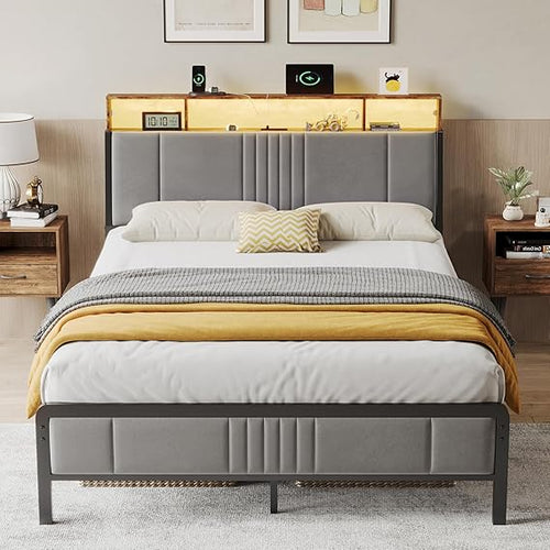 Upholstered Platform Bed Frame with LED Lights, Storage Headboard & Charging Station
