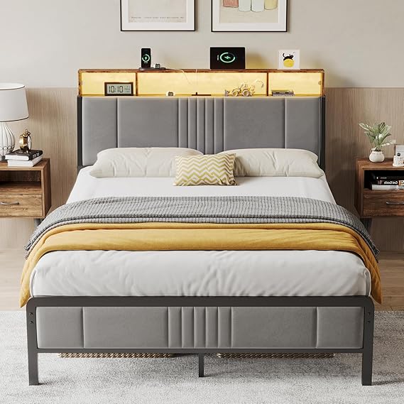 Upholstered Platform Bed Frame with LED Lights, Storage Headboard & Charging Station
