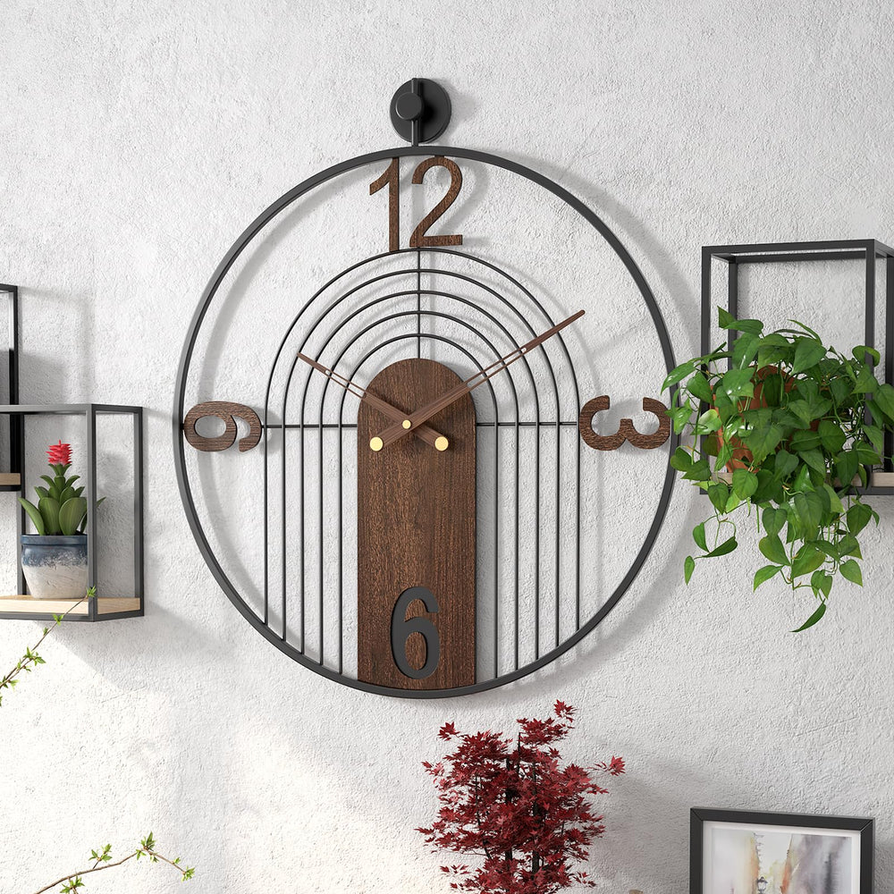 Large Round Wall Clock – Wood & Metal Frame, Silent Non-Ticking