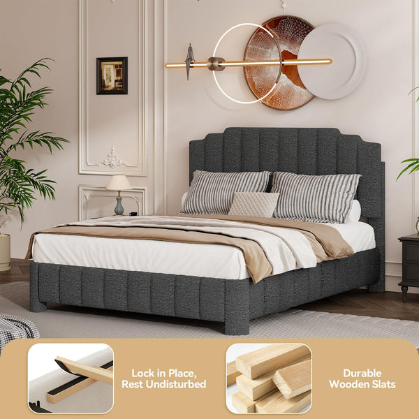 Queen Bed Frame with Adjustable Headboard – Boucle Upholstered Platform Bed