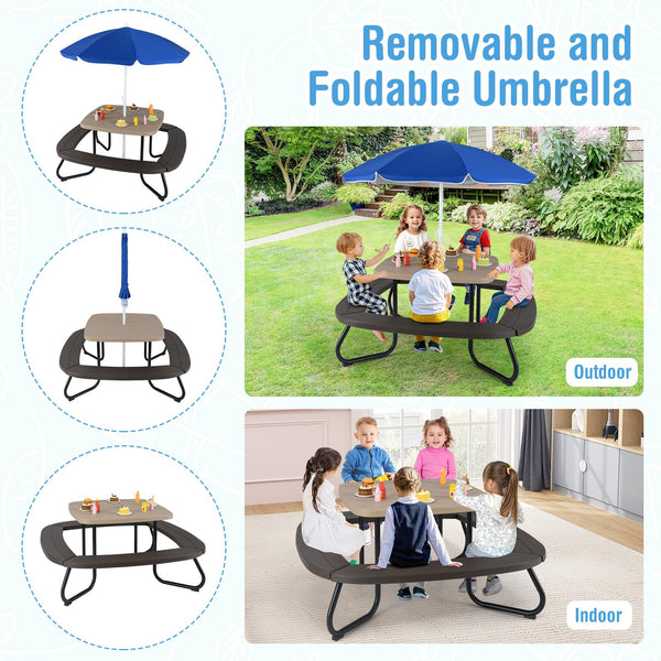 Kids Picnic Table with Umbrella – 8-Seat Outdoor HDPE Set