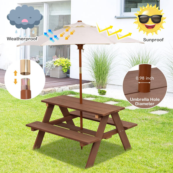 Kids Outdoor Wooden Picnic Table Set with Umbrella