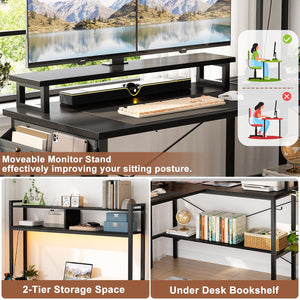 L-Shaped Gaming & Home Office Desk with Power Outlets, LED Lights & Monitor Stand