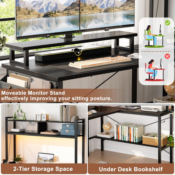 L-Shaped Gaming & Home Office Desk with Power Outlets, LED Lights & Monitor Stand