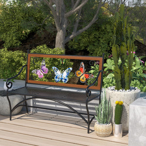 Outdoor Garden Bench with Armrest & Butterfly Pattern Backrest