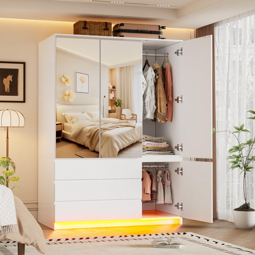 3-Door Wardrobe Closet with Mirror, LED Lights & Drawers