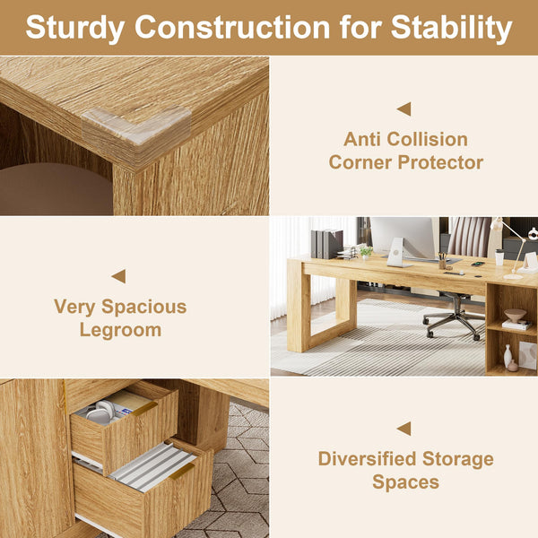 L-Shaped Executive Desk with Drawers, File Cabinet & Power Outlet – Walnut