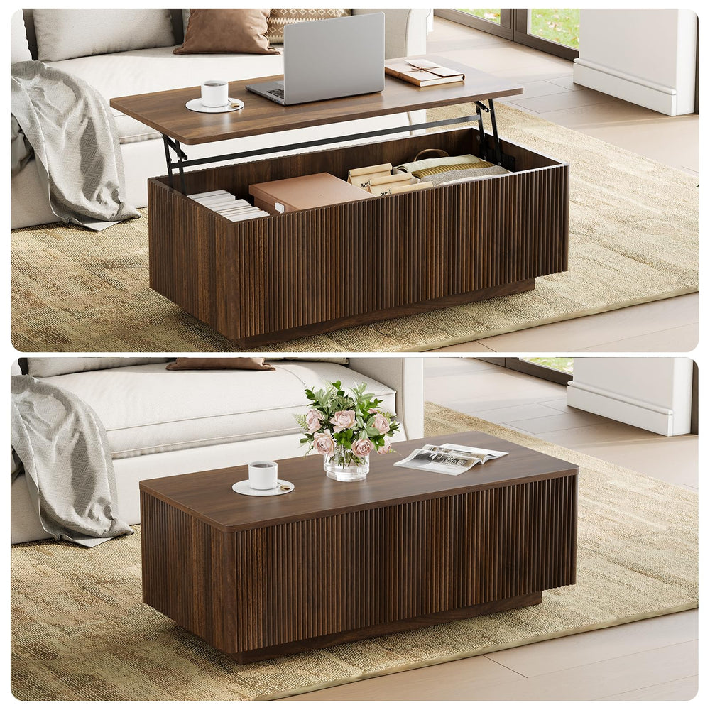 Lift-Top Coffee Table with Hidden Storage & Fluted Wood Design