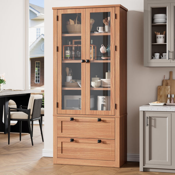 71" Tall Kitchen Pantry Cabinet with Glass Doors & Drawers