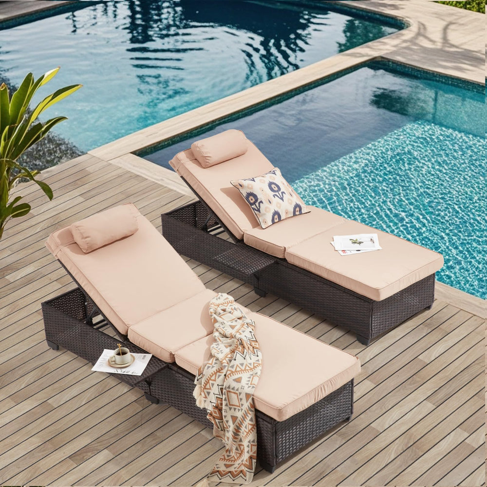 Outdoor PE Rattan Chaise Lounge Chair Set of 2 with Adjustable Backrest & Side Table
