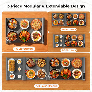 Electric Food Warming Mat | Expandable 3-Piece | 7 Temp & 6-Hour Timer